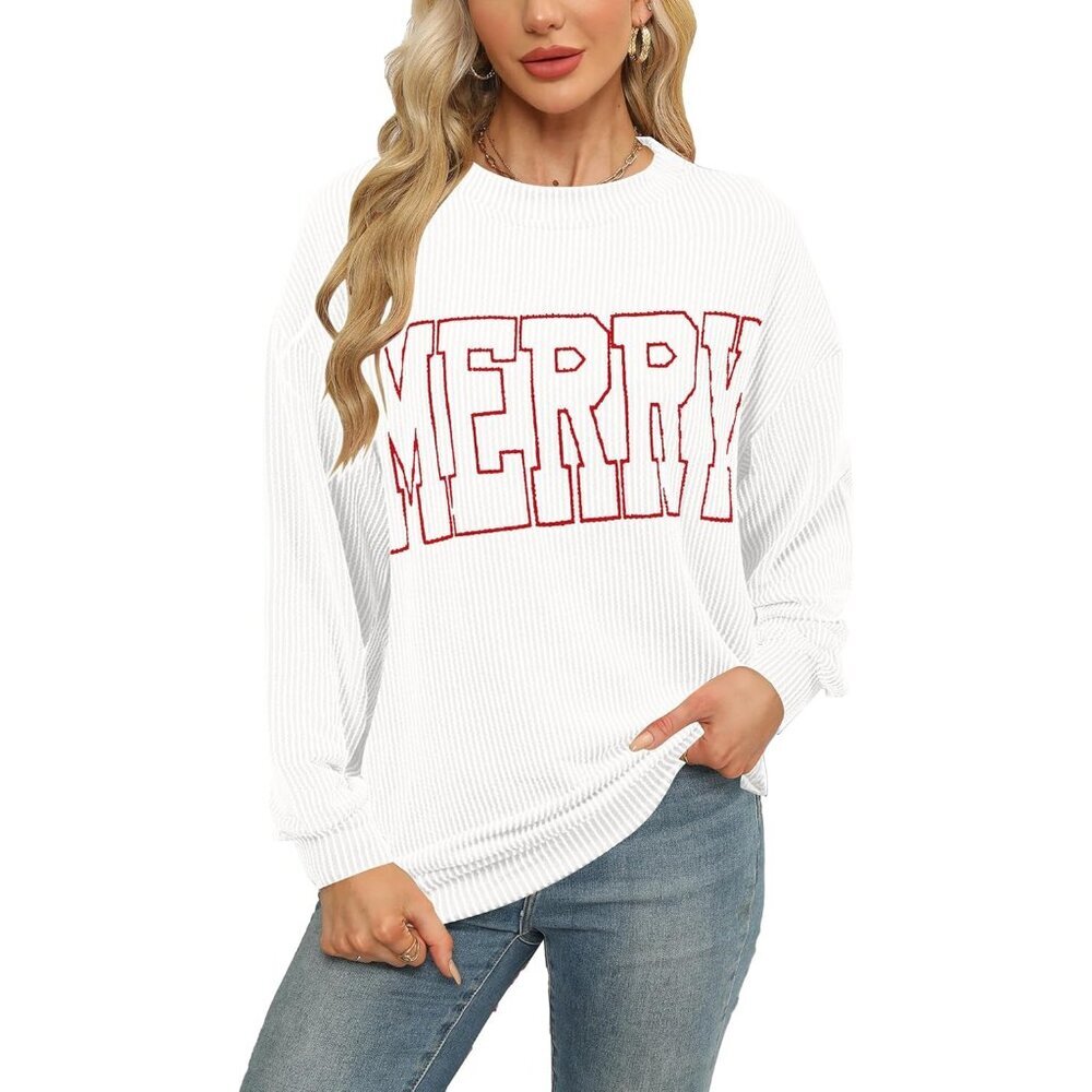 Women Christmas Long Sleeve Shirt Merry Letter Print Pullover Casual Holiday
